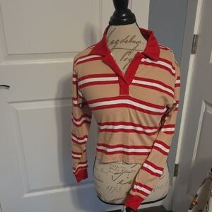 Striped Red and Tan Long Sleeve Polo Tee